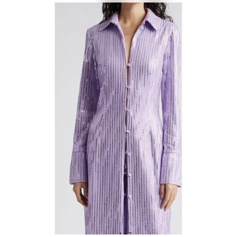 New Stine Goya Sonja Sequin Long Sleeve Button-Up Midi Shirtdress Size M - Picture 2 of 16